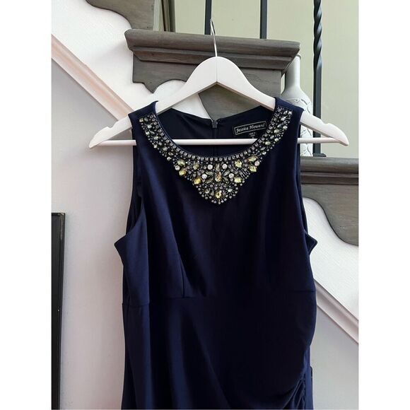 Jessica Howard Navy Jewel Trimmed Side Ruched Gown sz 6 EUC - Picture 1 of 10